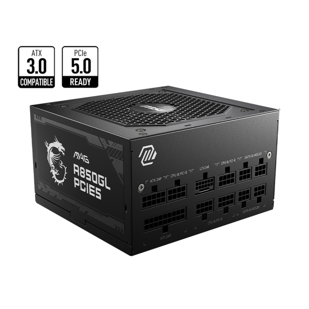 MSI  850W MAG A850GL PCIE5, 80+ GOLD CERTIFIED, FULL MODULAR CABLES, FLUID DYNAMIC BEARING