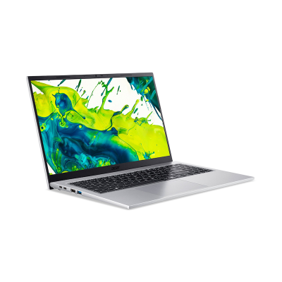 Silver Acer laptop open at an angle showing a colorful abstract display on the screen
