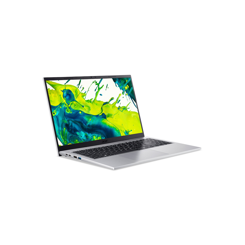 Silver Acer laptop open at an angle showing a colorful abstract display on the screen