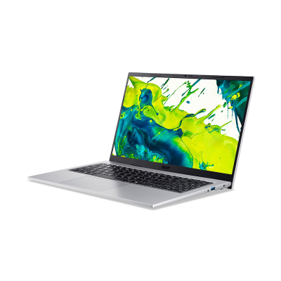 Silver Acer laptop with open display showing green and blue abstract splash wallpaper