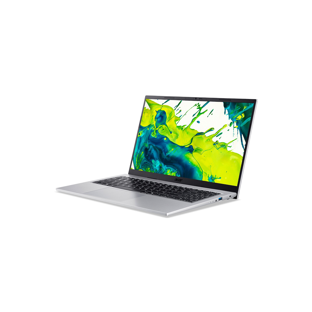 Silver Acer laptop with open display showing green and blue abstract splash wallpaper